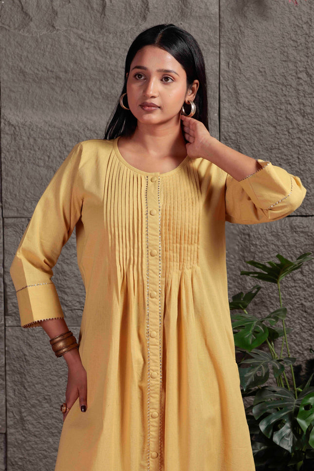 Mustard Yellow Pleated A-Line Kurta Set with Pants