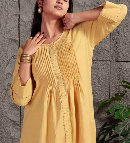 Mustard Yellow Pleated A-Line Kurta Set with Pants