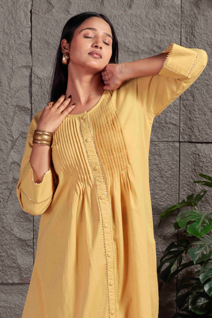 Mustard Yellow Pleated A-Line Kurta Set with Pants