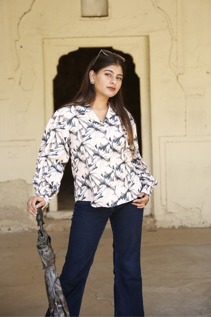 Beige Floral Maslin Printed Women Shirt
