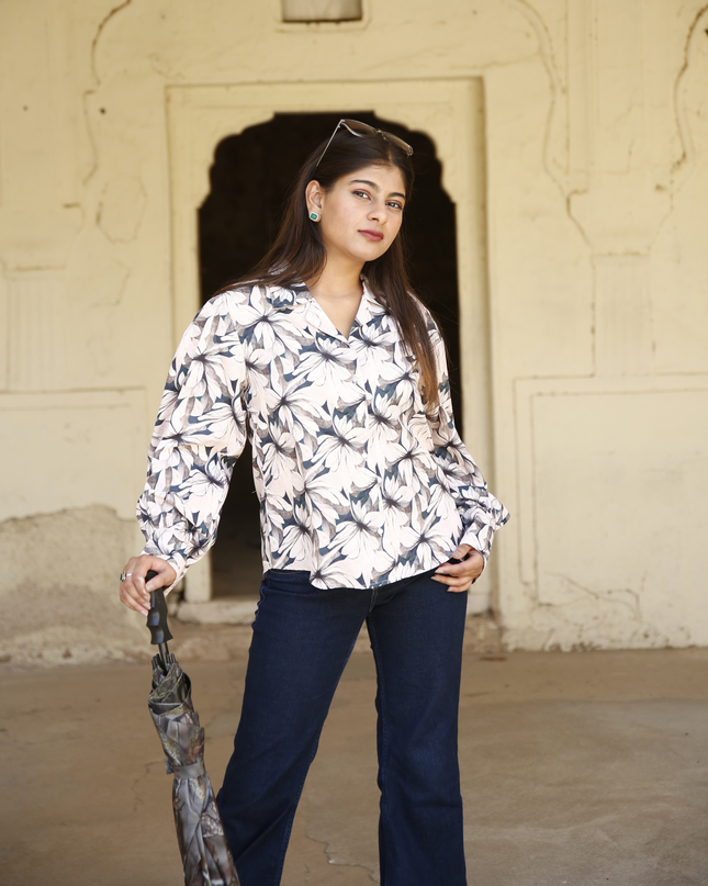 Beige Floral Maslin Printed Women Shirt