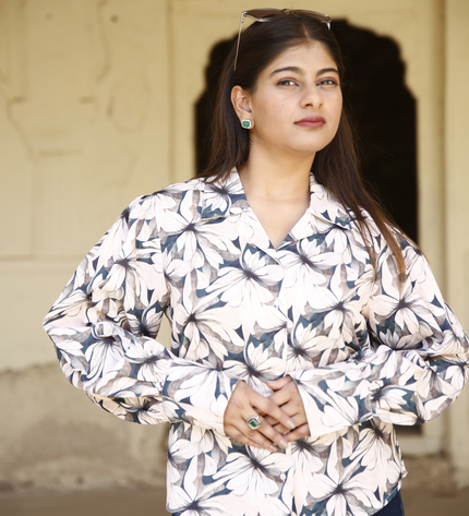 Beige Floral Maslin Printed Women Shirt