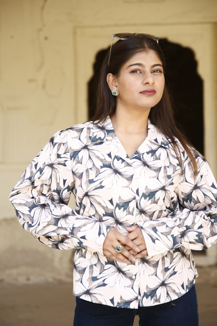 Beige Floral Maslin Printed Women Shirt