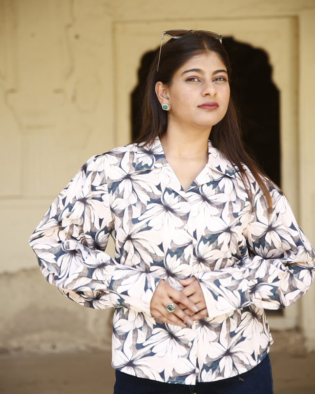 Beige Floral Maslin Printed Women Shirt
