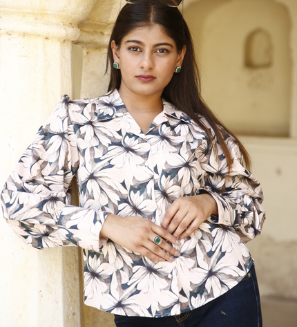 Beige Floral Maslin Printed Women Shirt