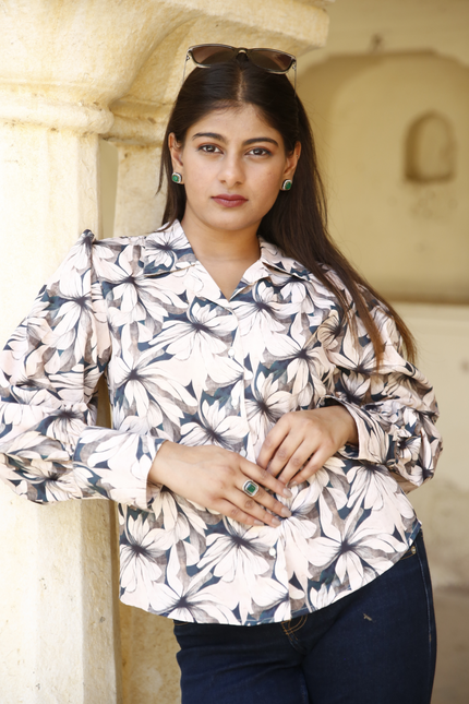 Beige Floral Maslin Printed Women Shirt