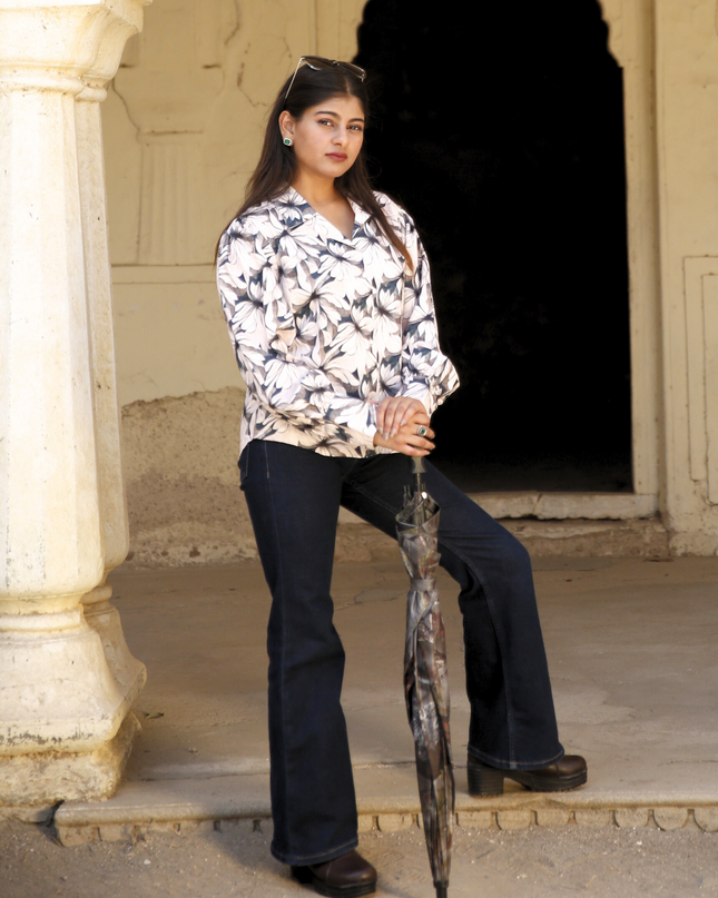 Beige Floral Maslin Printed Women Shirt