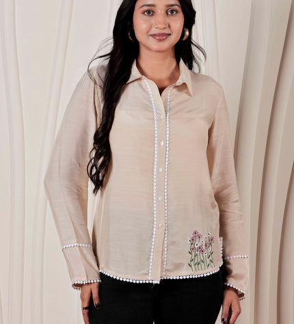 Beige Muslin Straight Fit Shirt with Embroidered Detail