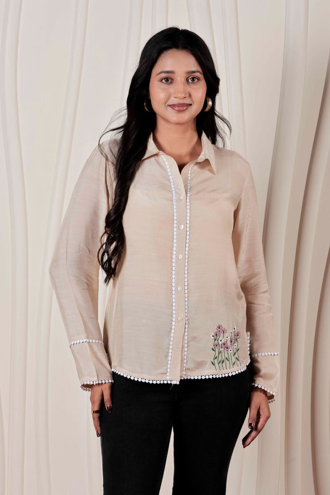 Beige Muslin Straight Fit Shirt with Embroidered Detail