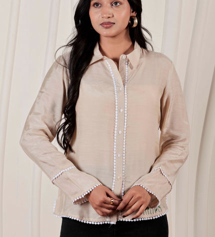 Beige Muslin Straight Fit Shirt with Embroidered Detail