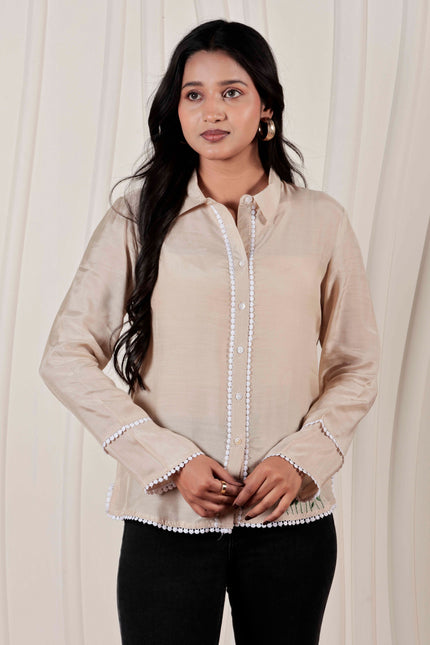 Beige Muslin Straight Fit Shirt with Embroidered Detail