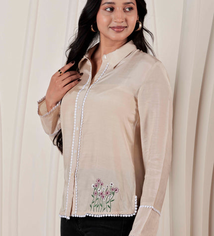 Beige Muslin Straight Fit Shirt with Embroidered Detail