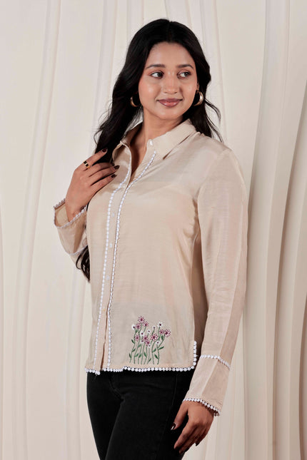 Beige Muslin Straight Fit Shirt with Embroidered Detail