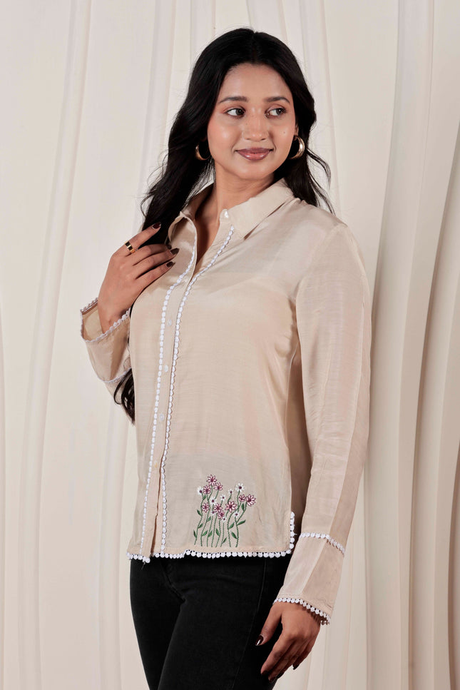 Beige Muslin Straight Fit Shirt with Embroidered Detail