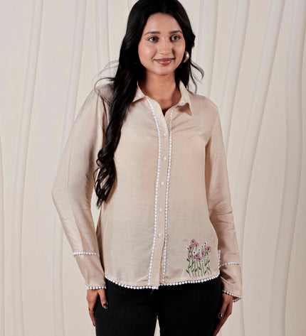 Beige Muslin Straight Fit Shirt with Embroidered Detail