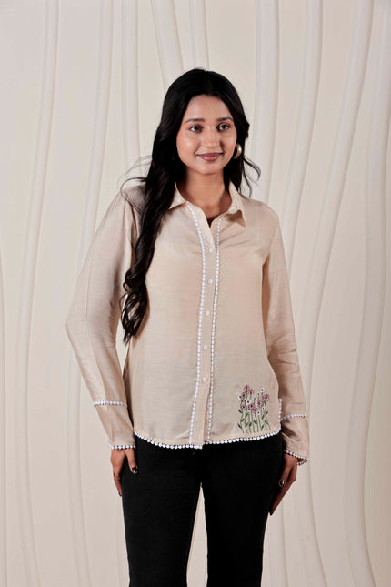 Beige Muslin Straight Fit Shirt with Embroidered Detail