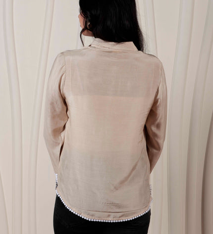 Beige Muslin Straight Fit Shirt with Embroidered Detail