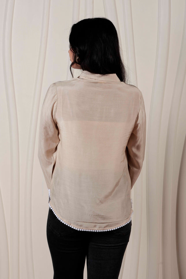 Beige Muslin Straight Fit Shirt with Embroidered Detail