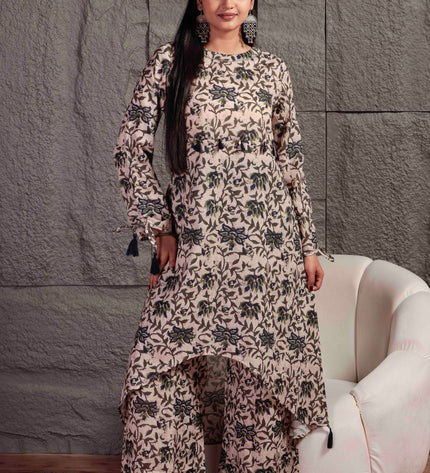 Beige Printed Cambric Kurta Pant Set For Women