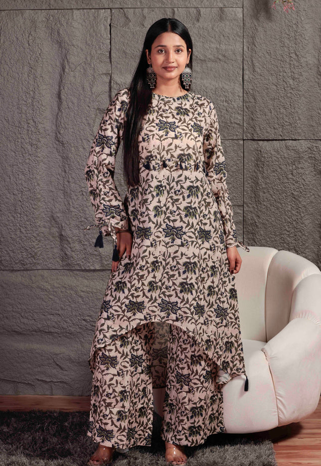 Beige Printed Cambric Kurta Pant Set For Women
