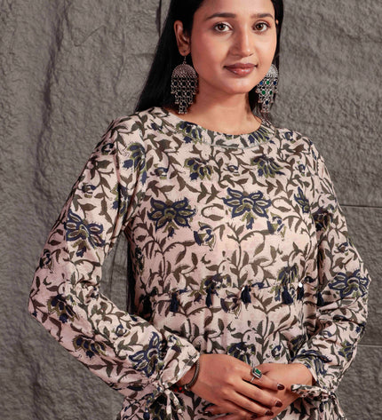 Beige Printed Cambric Kurta Pant Set For Women