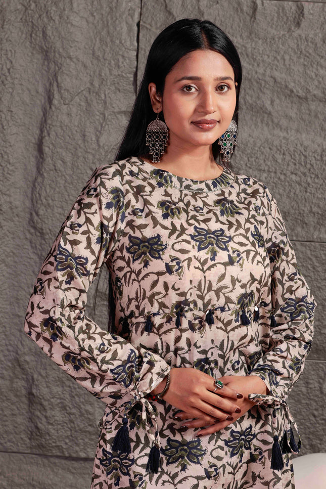 Beige Printed Cambric Kurta Pant Set For Women