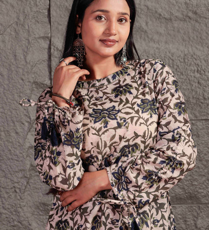 Beige Printed Cambric Kurta Pant Set For Women