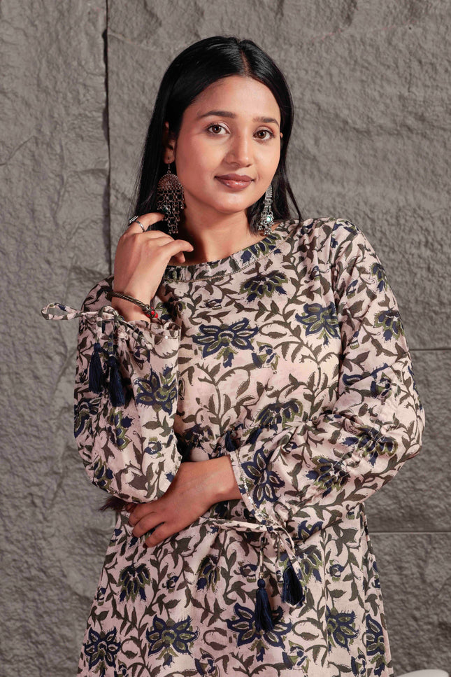 Beige Printed Cambric Kurta Pant Set For Women