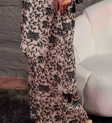 Beige Printed Cambric Kurta Pant Set For Women