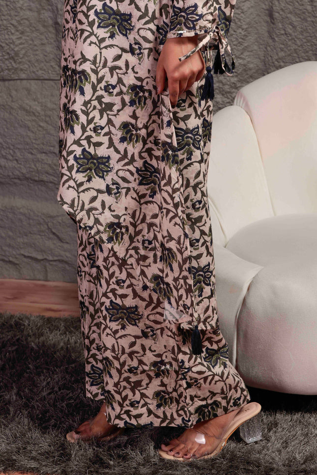 Beige Printed Cambric Kurta Pant Set For Women