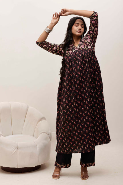 Black Cotton Floral Print Dress  For Women