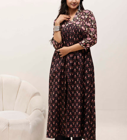 Black Cotton Floral Print Dress  For Women