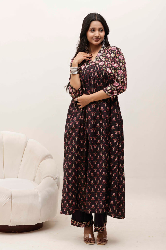 Black Cotton Floral Print Dress  For Women