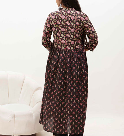 Black Cotton Floral Print Dress  For Women