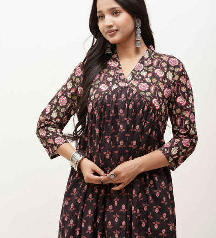 Black Cotton Floral Print Dress  For Women