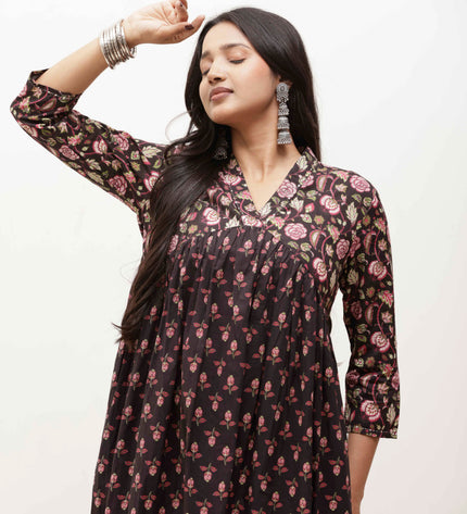 Black Cotton Floral Print Dress  For Women
