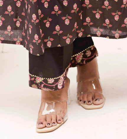 Black Cotton Floral Print Dress  For Women