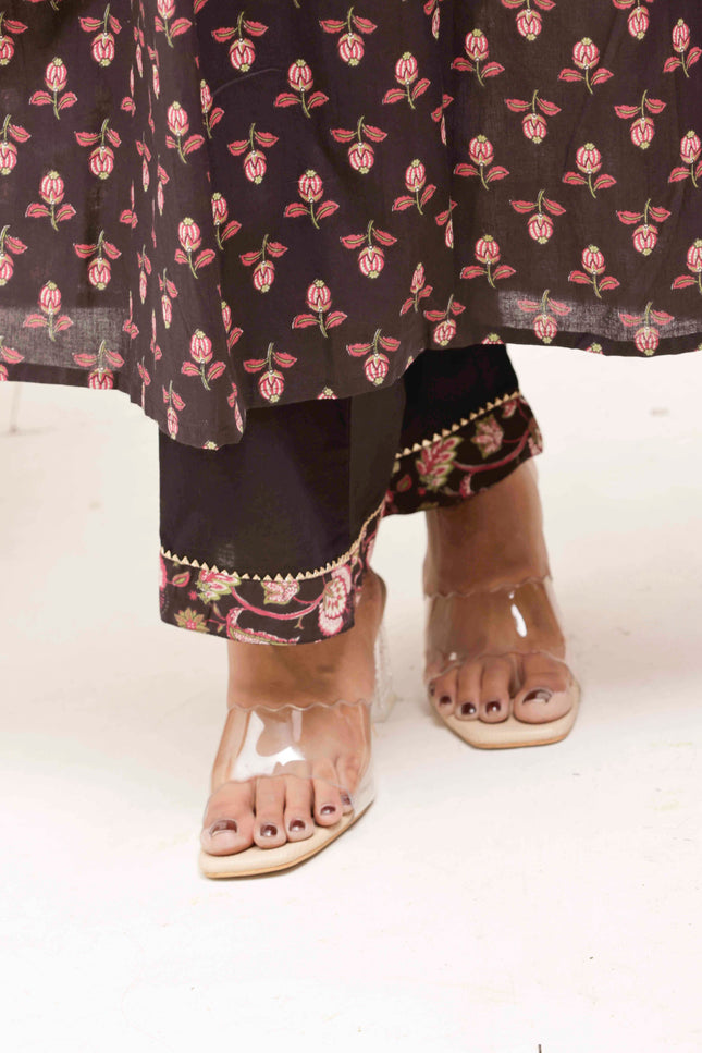 Black Cotton Floral Print Dress  For Women