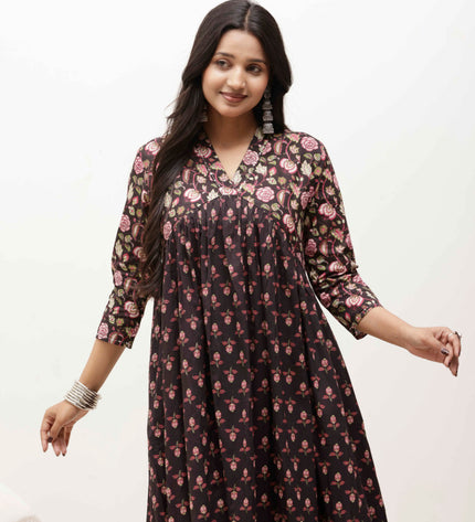 Black Cotton Floral Print Dress  For Women