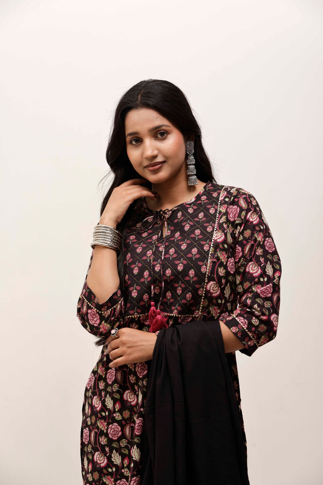 Black Printed Kurta with Palazzos With Dupatta