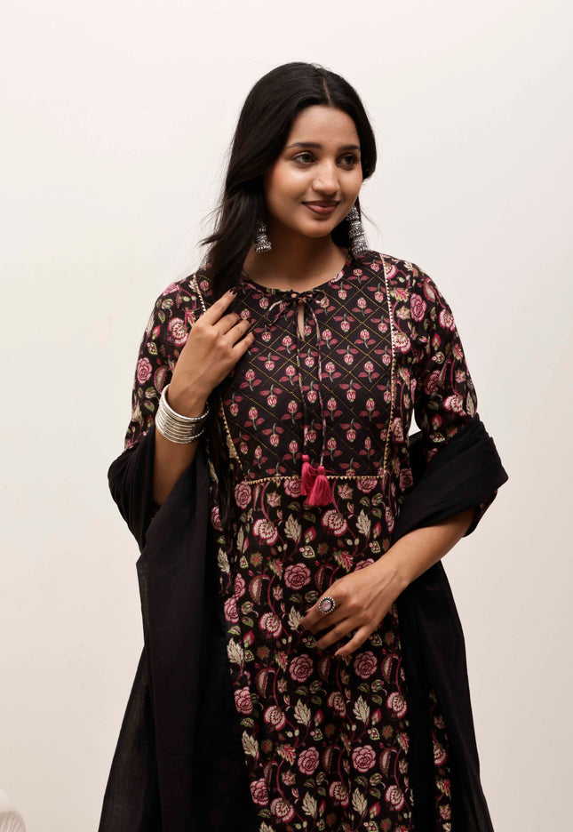 Black Printed Kurta with Palazzos With Dupatta