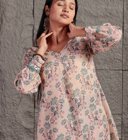 Cream Printed Cambric Kurta Pant Set For Women