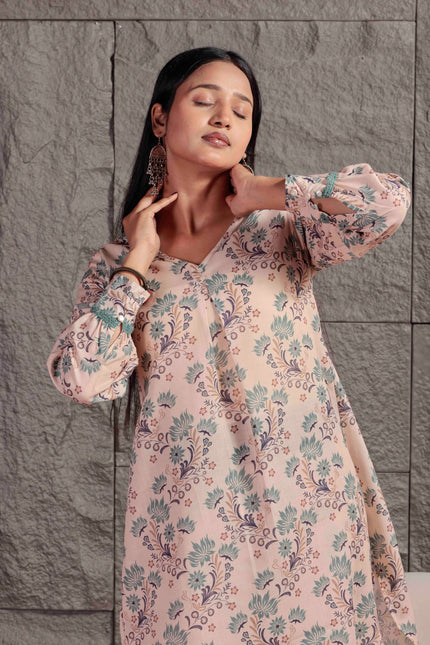 Cream Printed Cambric Kurta Pant Set For Women