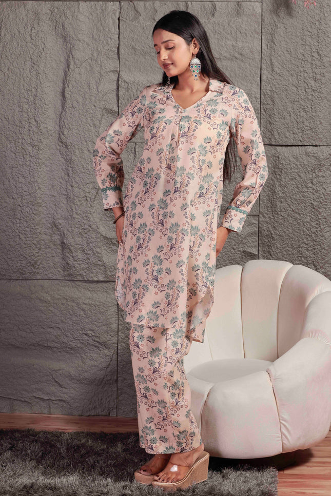 Cream Printed Cambric Kurta Pant Set For Women
