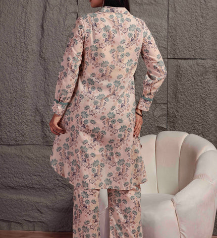 Cream Printed Cambric Kurta Pant Set For Women