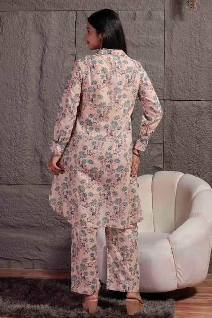 Cream Printed Cambric Kurta Pant Set For Women