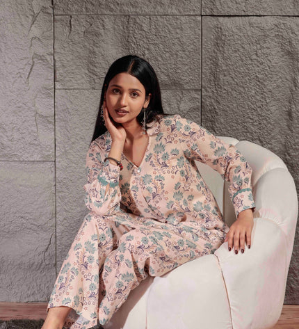 Cream Printed Cambric Kurta Pant Set For Women