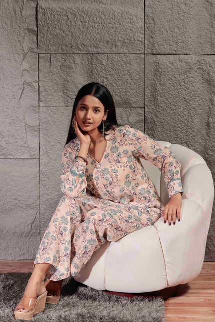 Cream Printed Cambric Kurta Pant Set For Women