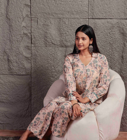 Cream Printed Cambric Kurta Pant Set For Women