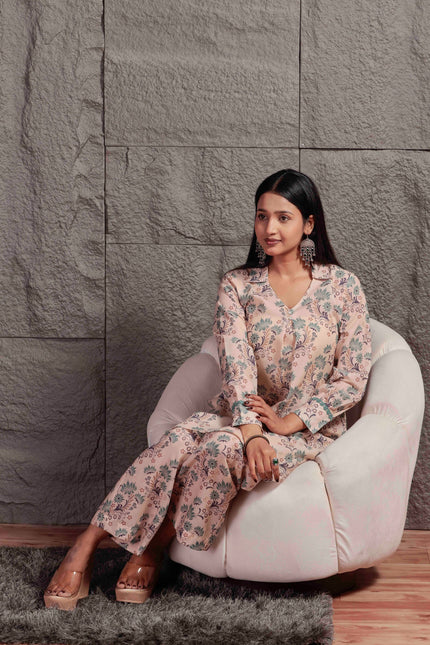 Cream Printed Cambric Kurta Pant Set For Women